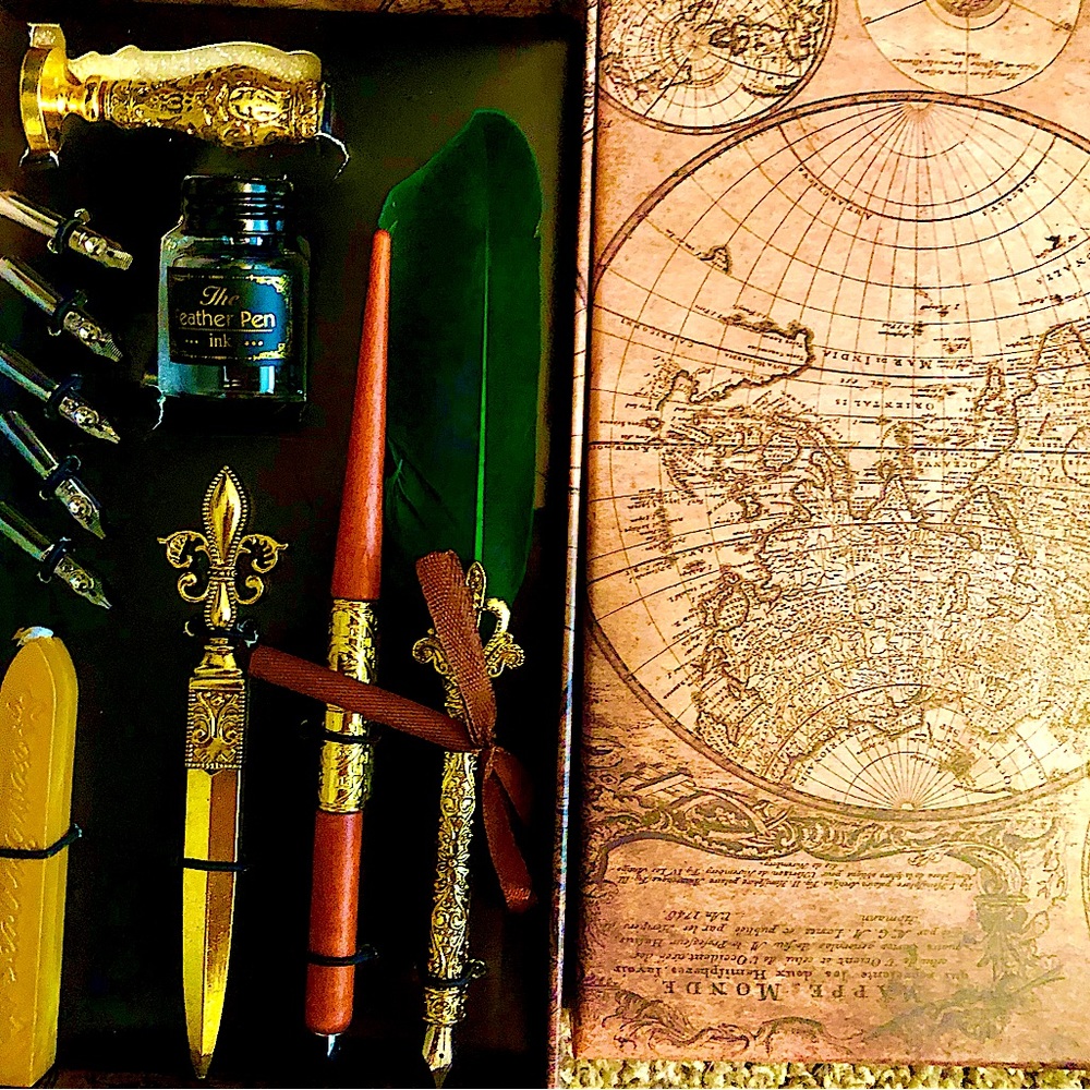 Harry Potter inspired Deluxe Emerald Green feather & Pen 2 Quill Set W/Wax Seal